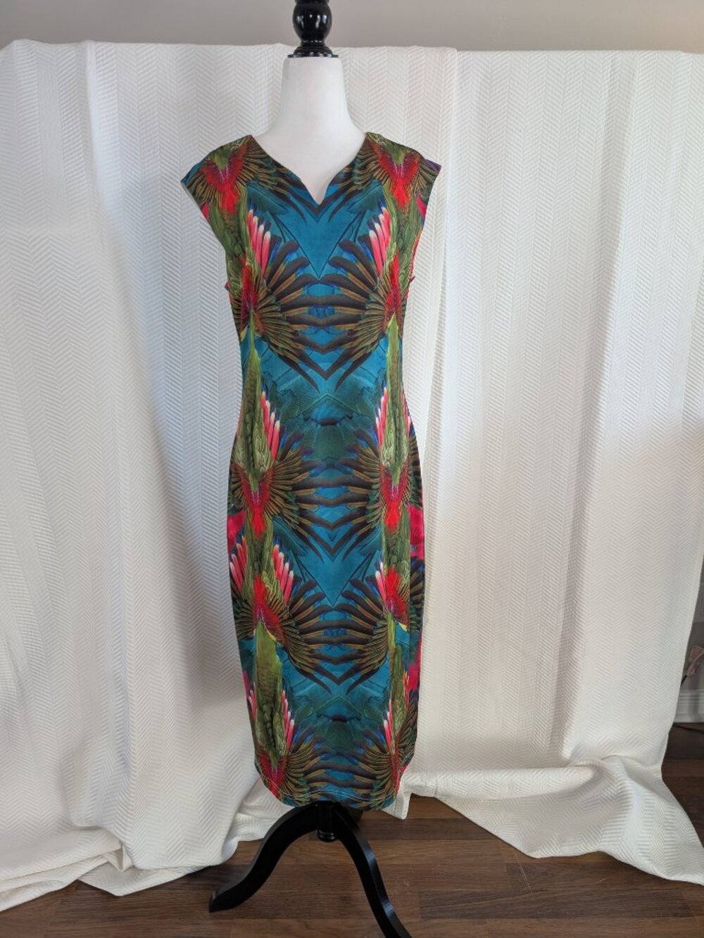 Smashed Lemon Tropical Parrot Illusion Midi Dress Size 10 Resort Vacation Artsy
